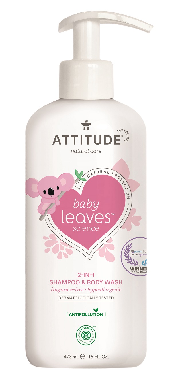 White bottle with a pump, featuring a pink koala graphic and green accents, labeled "Attitude Baby Leaves 2 in 1 Shampoo & Body Wash - Fragrance Free," 473 mL size.