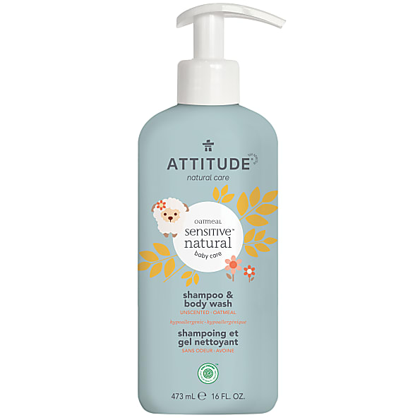 Light blue bottle with a pump top, labeled "Attitude Oatmeal Sensitive Natural Baby Care - Shampoo & Body Wash," featuring a cute bear illustration and 473 mL capacity.