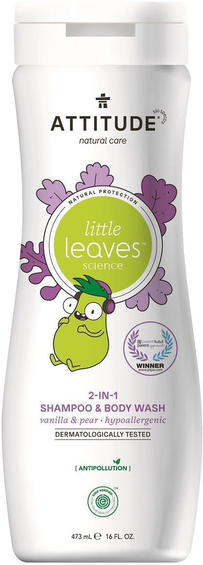 White bottle with a green cap, featuring a cartoon frog and purple leaves; labeled "Attitude Little Leaves 2 in 1 Shampoo - Vanilla & Pear," 16 fl oz, hypoallergenic, and dermatologically tested.