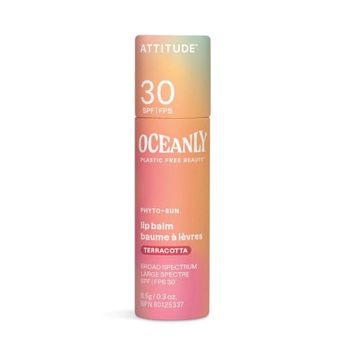 Tinted lip balm in a gradient tube featuring shades of peach and pink, labeled "Attitude" and "Terracotta," with SPF 30 protection and a net weight of 8.5 g.