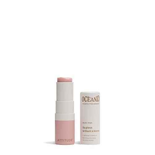 Silky pink lip gloss in a sleek, white and pink tube, featuring a twist-up applicator and labeled "OCEANLY" by Attitude, emphasizing eco-friendly packaging.