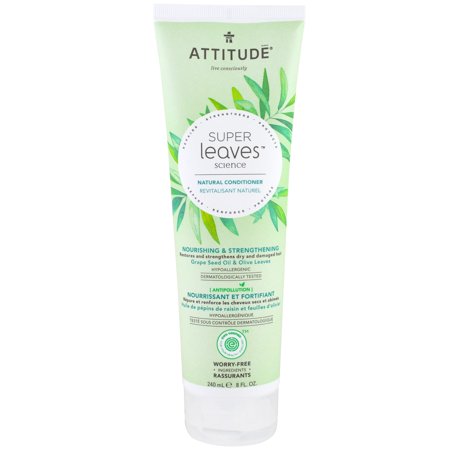 Natural conditioner in a green tube with a flip-top cap, featuring a leafy design and labeled "Super Leaves Science" for nourishing and strengthening hair.