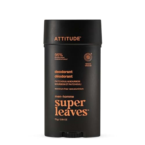 Black cylindrical deodorant stick with orange text, labeled "Attitude Super Leaves Men Deodorant Patchouli & Bourbon," 2.64 oz, featuring a sleek, minimalist design.