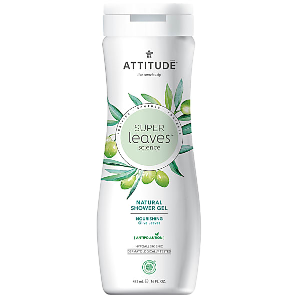White bottle of Attitude Super Leaves Natural Shower Gel featuring green olive leaf illustrations, labeled "Nourishing," with a flip-top cap and 473 ml capacity.