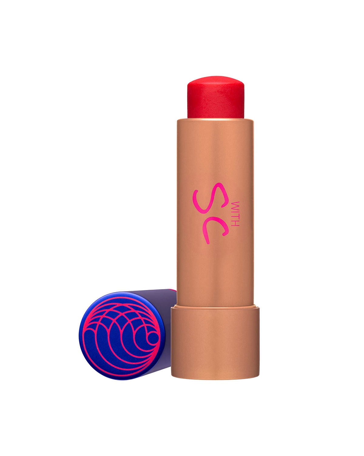 Tinted balm in a sleek gold tube with a vibrant red tip, featuring a blue cap adorned with a pink spiral design, labeled "SC" in bold lettering.