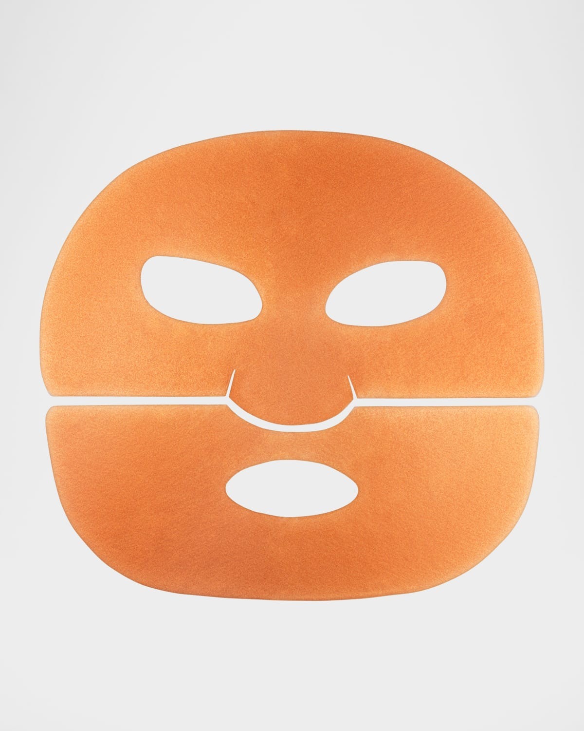 Hydrogel face mask in a warm peach color, featuring cutouts for eyes and mouth, designed for facial hydration and rejuvenation, presented flat.