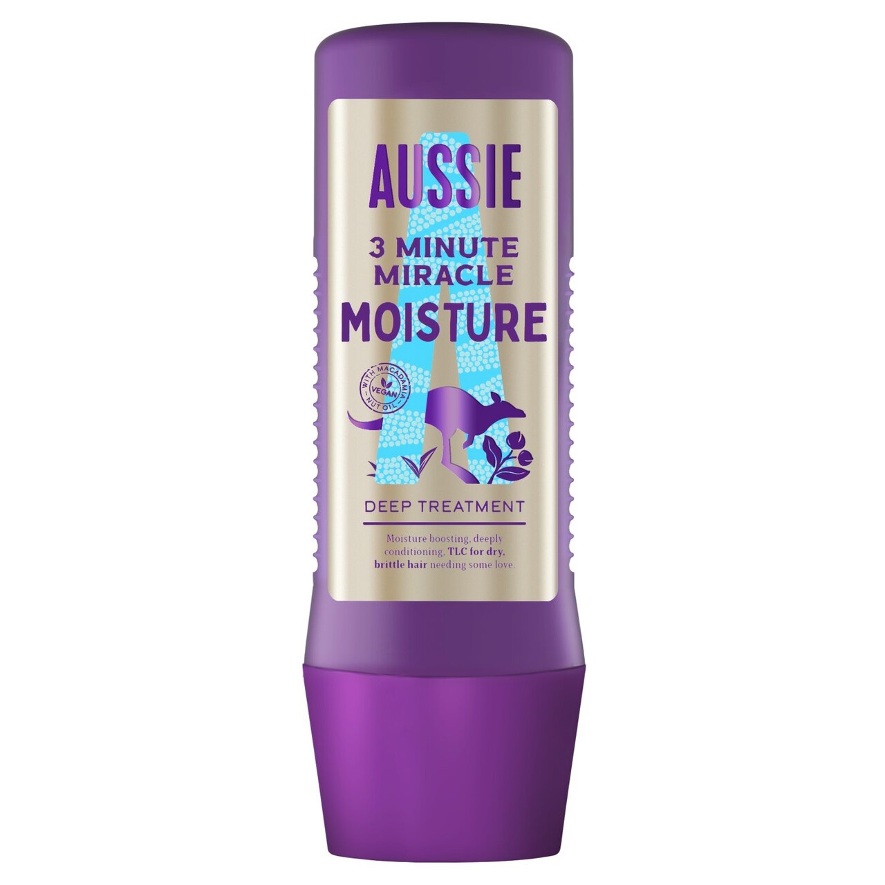 Purple plastic bottle of Aussie 3 Minute Miracle Moist, featuring a silver label with bold blue text, designed for deep hair treatment and moisture restoration.