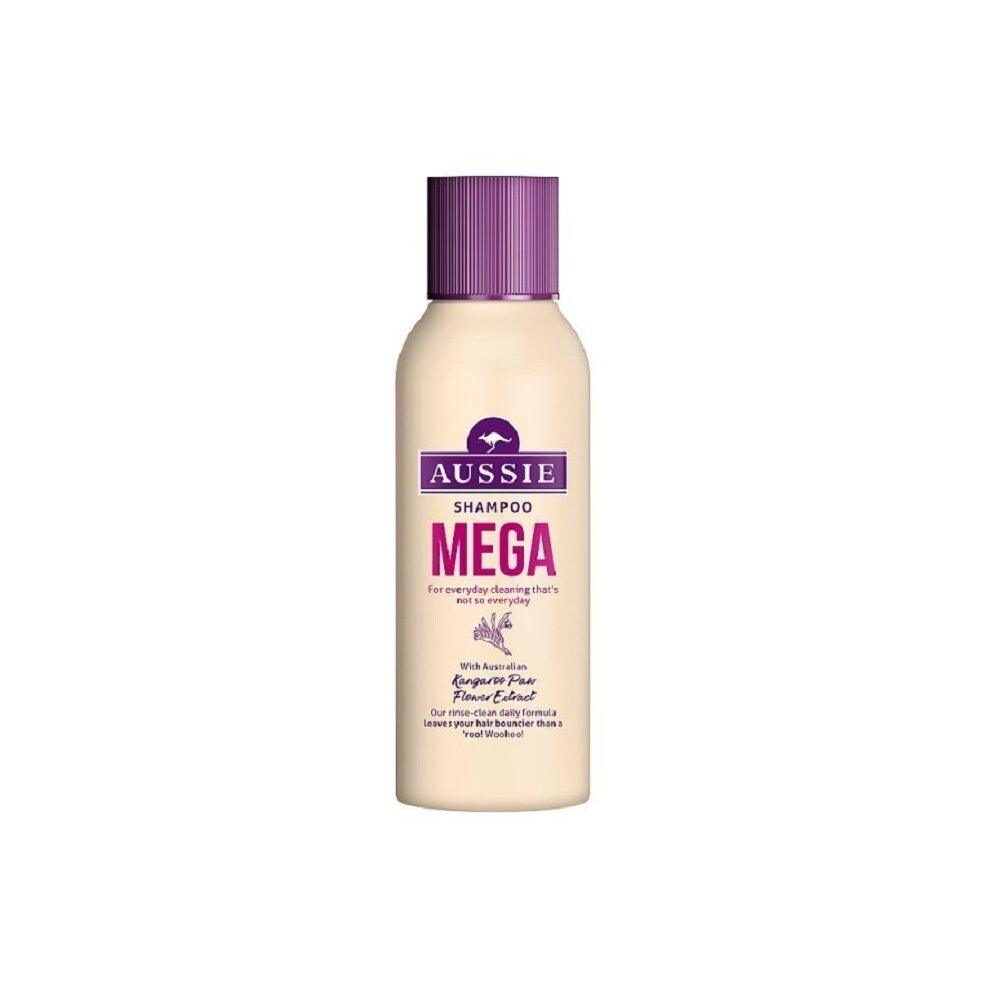 Aussie Mega Travel Shampoo, 90ml, features a cream-colored bottle with a purple cap and label, highlighting its ultra-moisturizing formula with Australian botanical extracts.