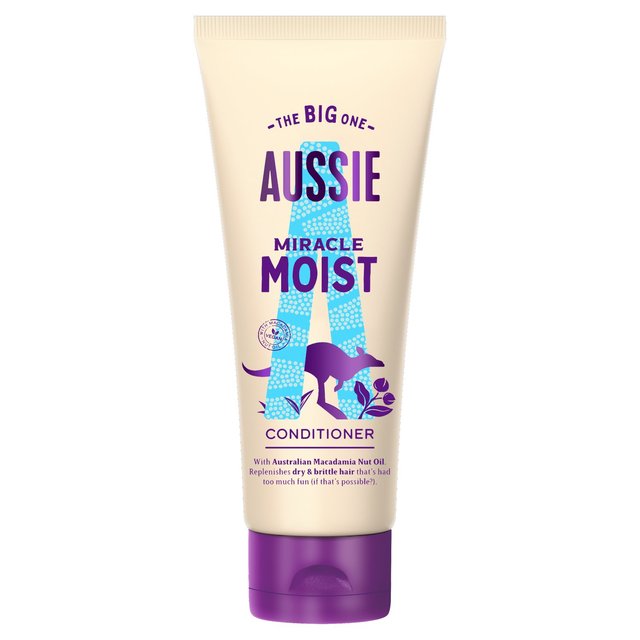 Aussie Moist Conditioner in a beige tube with a purple cap, featuring a kangaroo graphic and text highlighting Australian Macadamia Nut Oil for hydration.