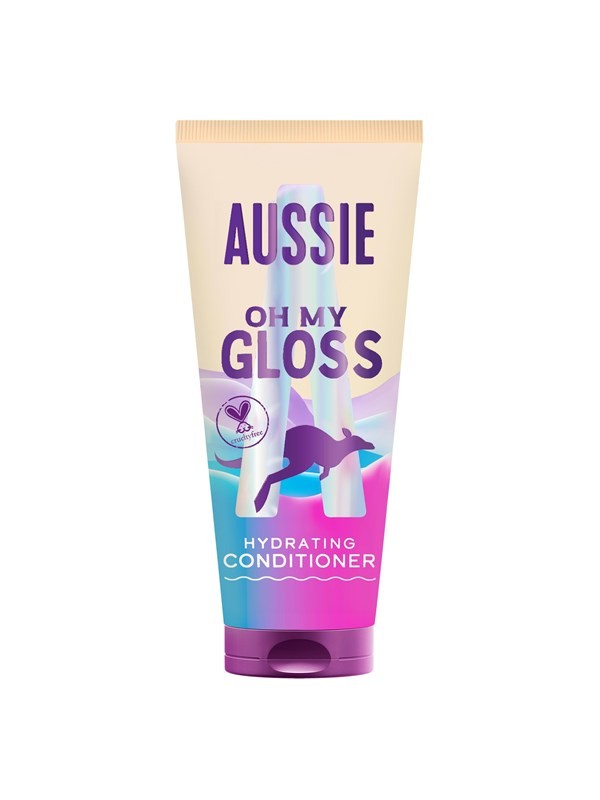 Aussie Oh My Gloss Hydrating Conditioner in a 200ml tube features a gradient design with purple and pink hues, showcasing a silhouette of a kangaroo and a glossy finish.