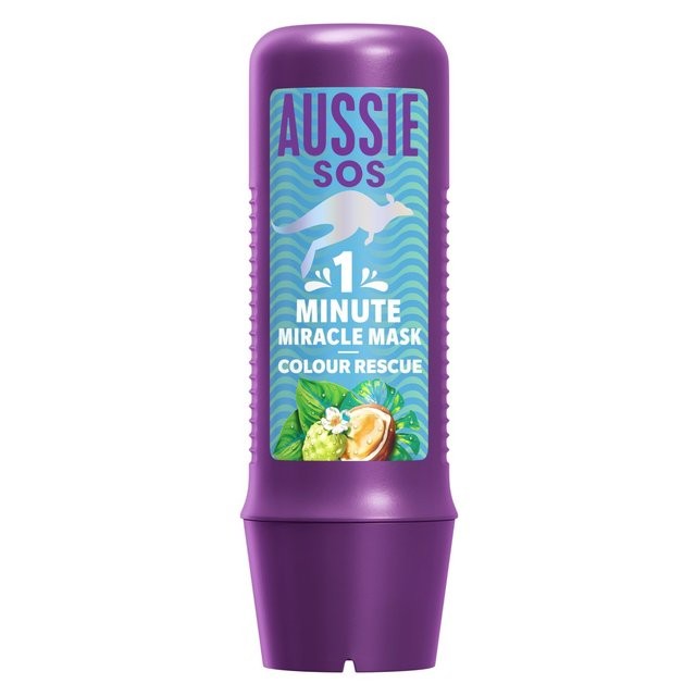 Purple tube of Aussie 1 Minute Miracle Treatment Mask for Coloured Hair, featuring a colorful label with a kangaroo and tropical design, 250ml size.