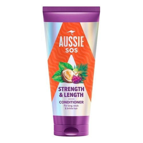 Aussie SOS Strength & Length Conditioner in a 200 ml purple tube with a vibrant orange and white label, featuring tropical leaves and text highlighting its benefits for long, weak hair.