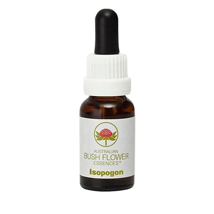 Brown glass dropper bottle with a white cap, labeled "Australian Bush Flower Essences Isopogon 15ml," featuring a red flower logo and green accents.
