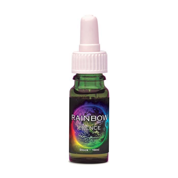Green glass dropper bottle with a white cap, labeled "RAINBOW ESSENCE" featuring a colorful swirl design, containing 10ml of Australian Bush Flower Essence.