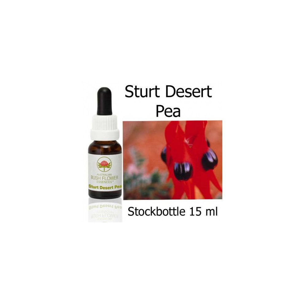 Brown glass dropper bottle labeled "Sturt Desert Pea 15ml" with a white and green design, featuring a bright red flower image beside it.
