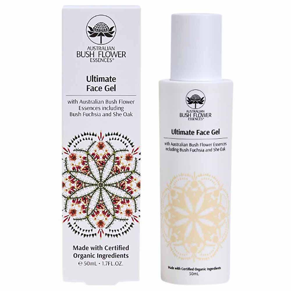 White cylindrical bottle with a pump top, featuring colorful floral designs and text stating "Ultimate Face Gel" and "Made with Certified Organic Ingredients."