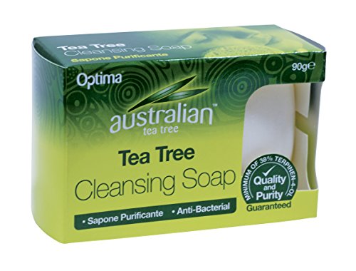 Australian Tea Tree Cleansing Soap in a green and yellow box, featuring the brand name and product details, with a white soap bar visible through the packaging.