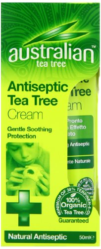 Green packaging featuring "Australian Tea Tree" logo, labeled as "Antiseptic Tea Tree Cream," with a white cross symbol and text highlighting organic ingredients, 50ml size.