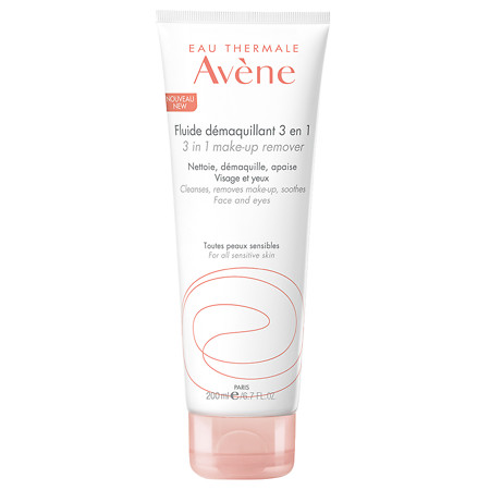 Avene 3 in 1 Make-up Remover in a white tube with a pink and orange design, labeled for sensitive skin, 200ml size, features a smooth, squeezable material.
