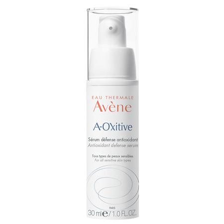 Clear glass bottle with a white pump top, featuring a light orange label with "Avène" and "A-Oxitive" in bold text, containing 30ml of antioxidant facial serum.