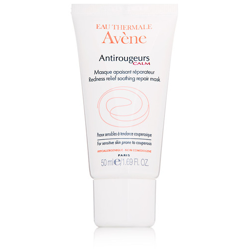 White tube with a flip-top cap, featuring orange and black text that reads "Antirougeurs Calm Redness-Relief Soothing Mask," designed for sensitive skin prone to redness.