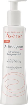Avene Anti-Redness Cleansing Milk in a white 200ml bottle with a pump, featuring a minimalist design and orange accents, labeled for cleansing and makeup removal.