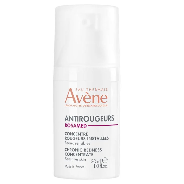 Avene Antirougeurs Rosamed Chronic Redness Concentrate in a white pump bottle with orange and purple text, labeled for sensitive skin, 30ml/1oz, made in France.