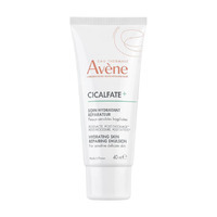 White tube with a flip-top cap, featuring orange and green text, labeled "Avène Cicalfate+ Hydrating Skin Recovery Emulsion," designed for sensitive skin, 1.3 oz. size.