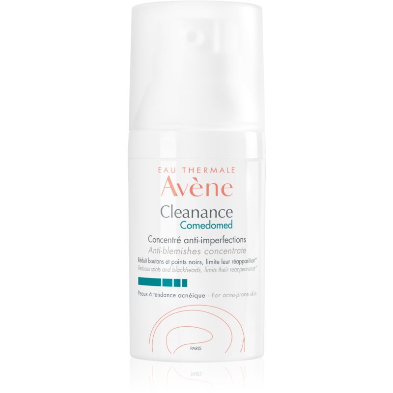 Avene Cleanance Comedomed Anti-Blemishes Concentrate in a white 30ml pump bottle, featuring a sleek design with a clear label and a minimalist aesthetic, ideal for acne-prone skin.