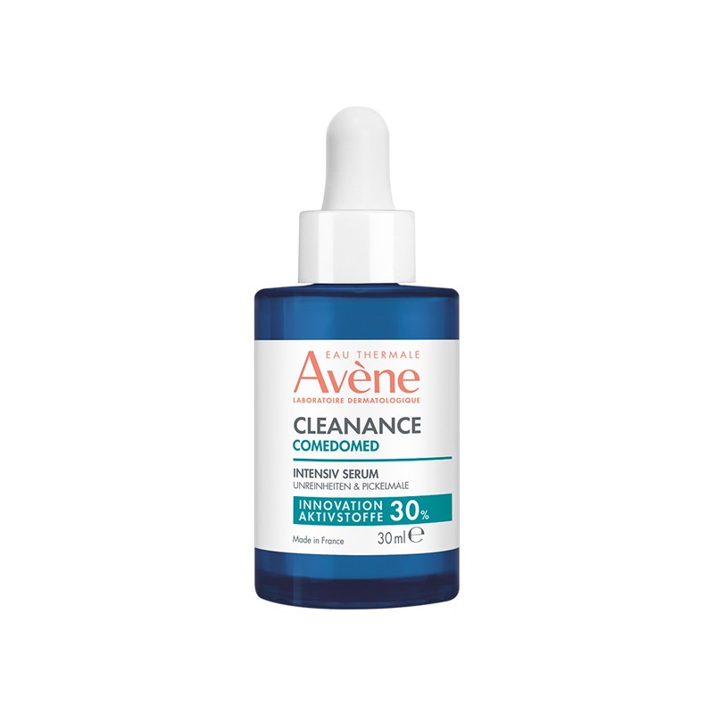 Clear blue glass bottle with a white dropper cap, labeled "Avène Cleanance Comedomed Intensive Serum," designed for acne-prone skin, 30 ml, featuring a white and teal color scheme.