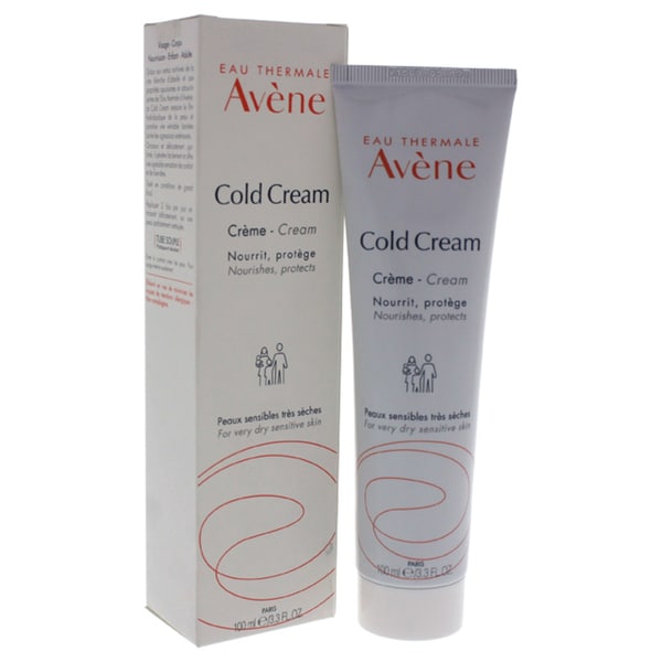 Avène Cold Cream in a white tube with a flip-top cap, featuring a pink and orange design, alongside its cardboard box, both labeled for sensitive and very dry skin.
