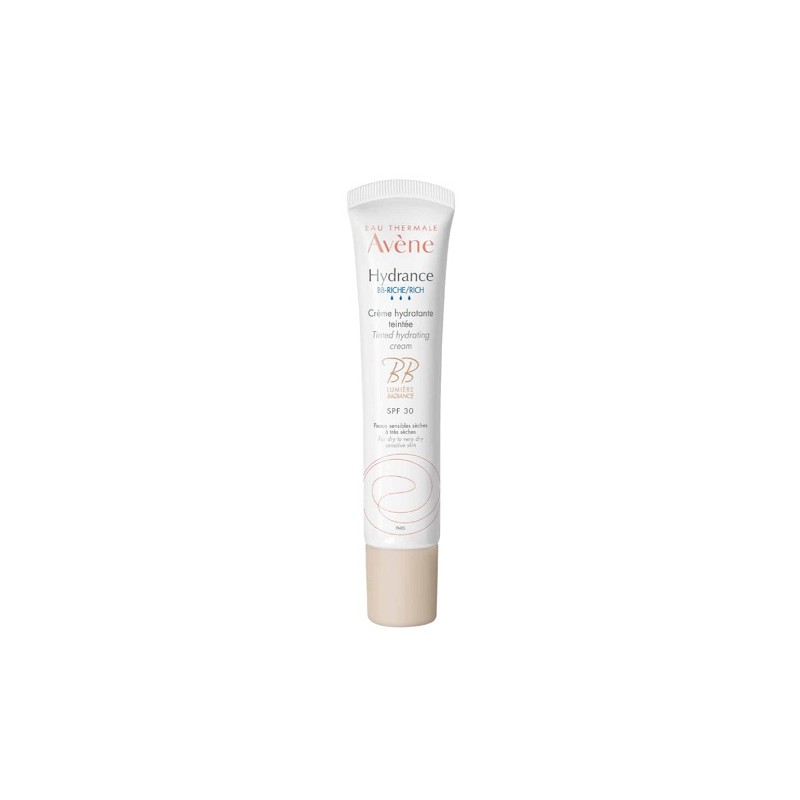 Avene Hydrance BB-LIGHT tinted hydrating emulsion in a 40ml white tube with a light beige cap, featuring SPF 30 and designed for normal to combination sensitive skin.