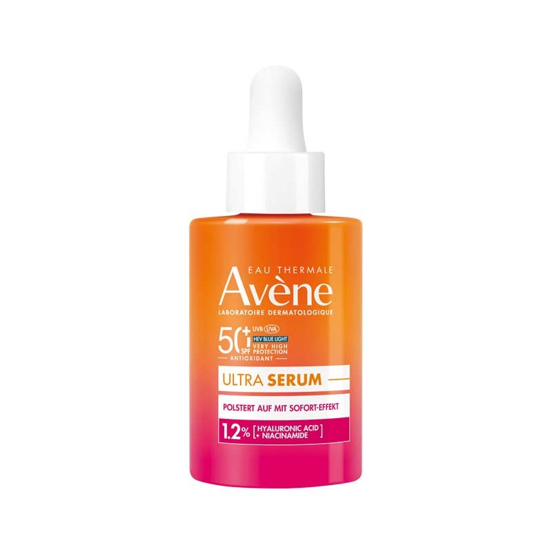 Avène Sun Ultra Serum in an orange and pink bottle, featuring a dropper cap, labeled with SPF 50+, 30 ml, highlighting lifting and firming effects with hyaluronic acid and niacinamide.