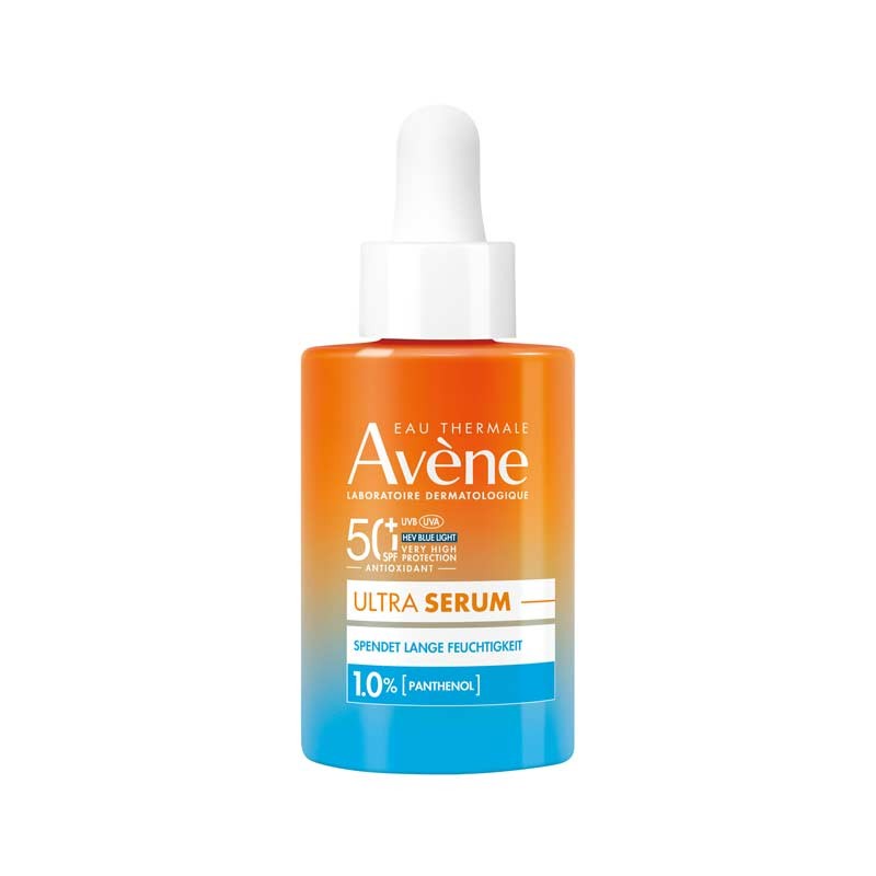 Orange and blue dropper bottle of Avène Sun Ultra Serum, labeled with SPF 50+, highlighting long-lasting hydration and moisturizing effects, 30 ml size.