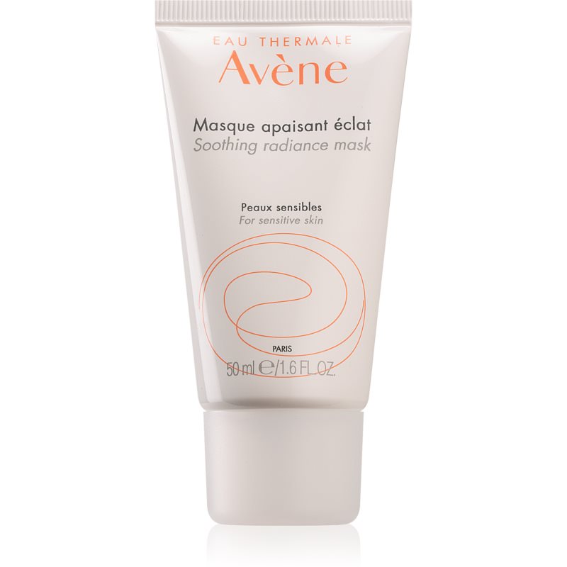 Avene Soothing Radiance Mask in a 50ml white tube with an orange swirl design, featuring the brand name and product details prominently on the front.