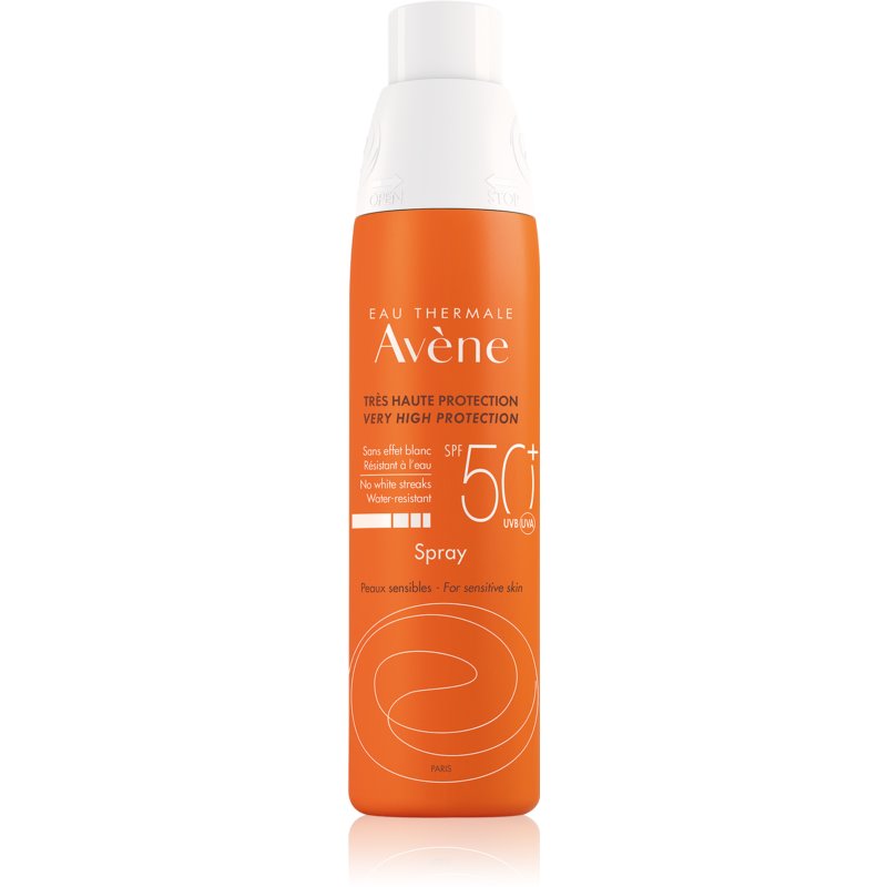 Avene Very High Protection Spray SPF50+ in a 200ml orange bottle, featuring a white cap and a sleek design, labeled for sensitive skin and water-resistant.