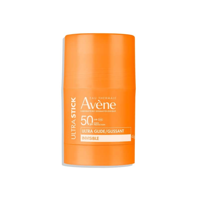 Avène 50 ULTRA STICK in a vibrant orange cylindrical container, 45g, featuring SPF 50 protection and labeled "Ultra Glide/Invisibile."