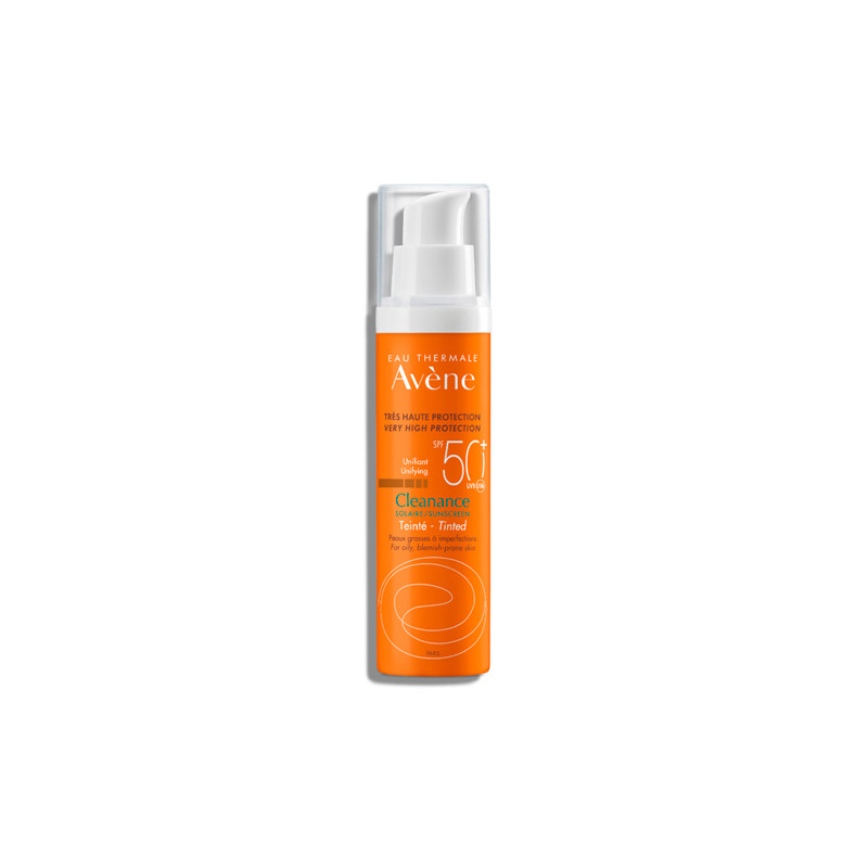 Avene Very High Protection Cleanance Tinted SPF50+ sun cream in a 50ml pump bottle, featuring an orange label with white text and a sleek, modern design.