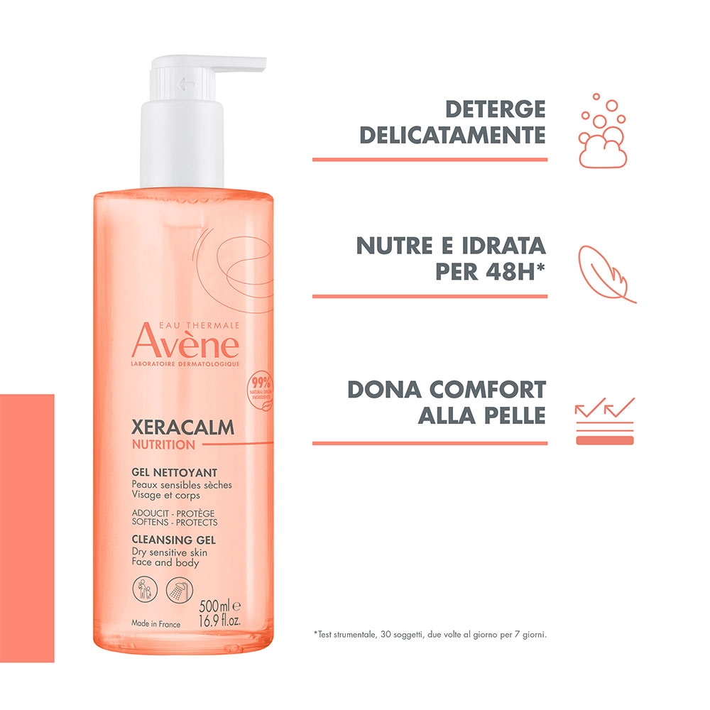 Clear plastic bottle of Avène XeraCalm Nutrition Cleansing Gel, 16.9 oz, featuring a pump top, with a soft peach color and white label detailing benefits for sensitive skin.