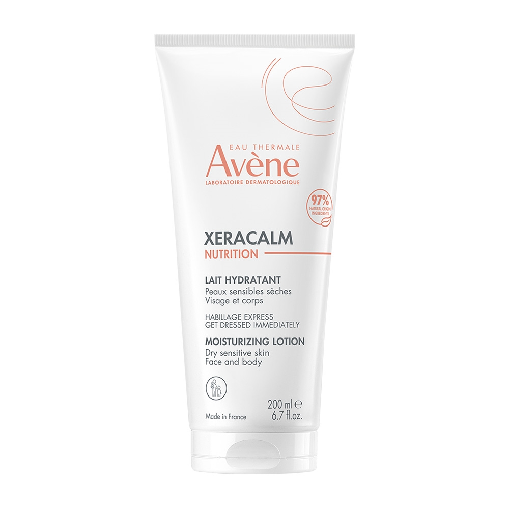 White tube with a flip-top cap, featuring Avène branding and product name "XeraCalm Nutrition Lait Hydratant," designed for dry sensitive skin, 200 ml size.