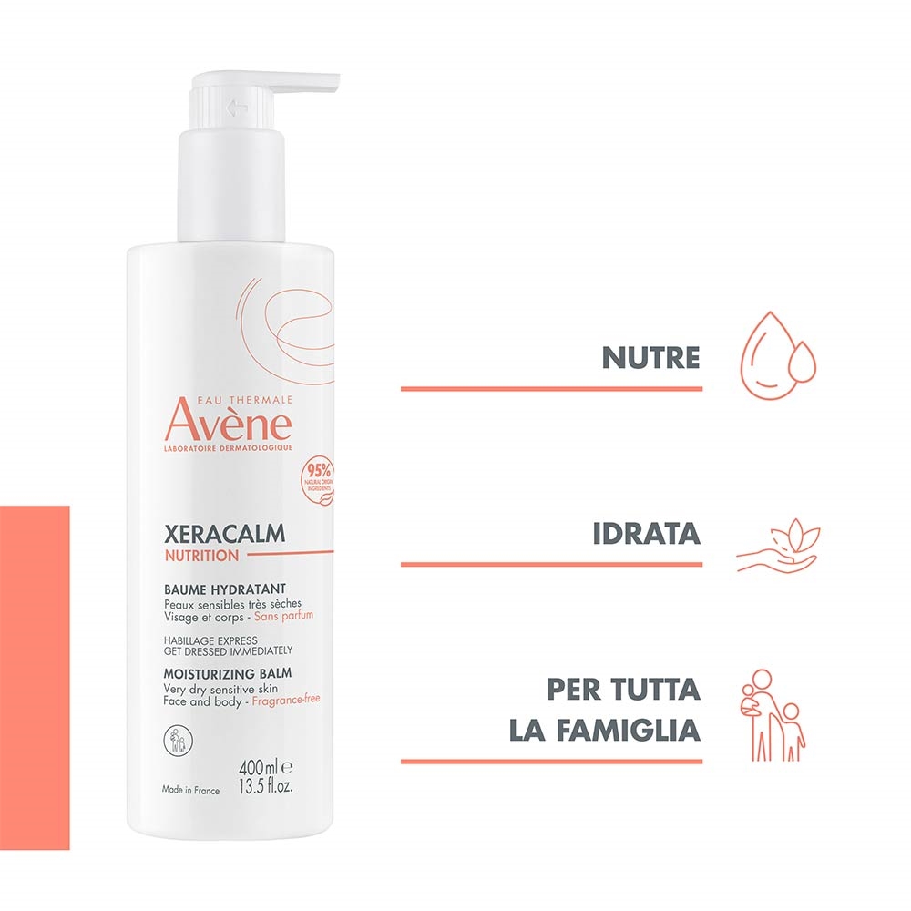 White bottle of Avène Eau Thermale Xeracalm Moisturizing Balm, featuring a pump dispenser, with orange accents and text highlighting its moisturizing benefits for sensitive skin.