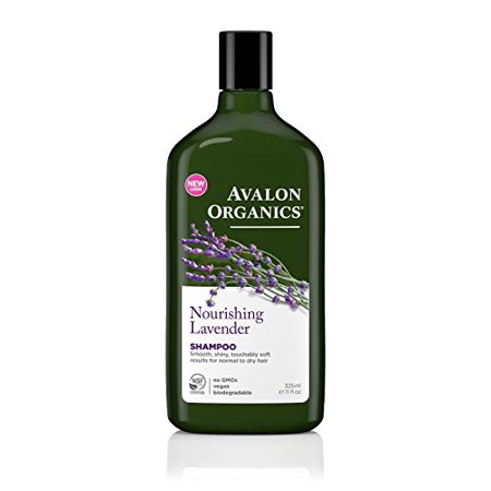 Green plastic bottle of Avalon Organics Nourishing Lavender Shampoo, 325mL, featuring lavender flowers on the label and a white cap, highlighting its natural ingredients.
