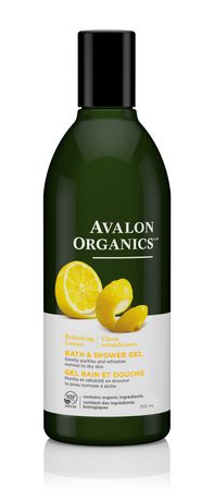 Green bottle of Avalon Organics Bath and Shower Gel with a black cap, featuring a label that highlights "Refreshing Lemon" and includes images of fresh lemons.