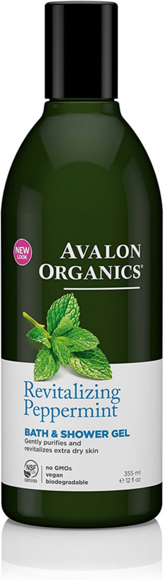 Dark green bottle of Avalon Organics Revitalizing Peppermint Bath & Shower Gel, 12 oz, featuring mint leaves and text emphasizing its purifying and revitalizing properties.