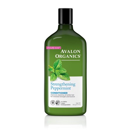 Green plastic bottle of Avalon Organics Strengthening Peppermint Conditioner, featuring a mint leaf design, with a white label and pink accents, containing 325mL.