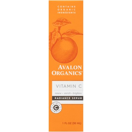 Bright orange box featuring "Avalon Organics" logo, with "Vitamin C Radiance Serum" prominently displayed, highlighting organic ingredients and a vibrant orange illustration.