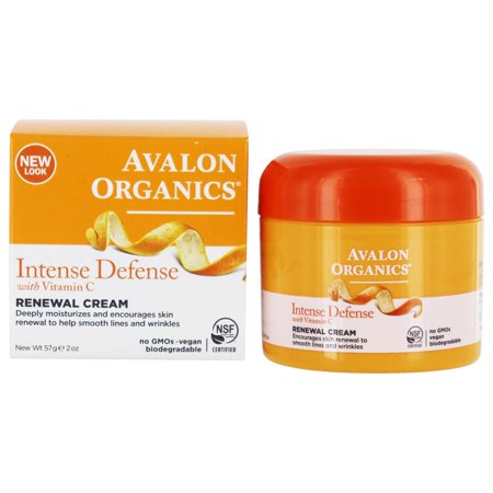 Bright orange jar with a white lid labeled "Avalon Organics Intense Defense Renewal Cream" featuring Vitamin C, alongside a matching box with product details and a "New Look" tag.