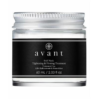 Clear glass jar with a silver screw-top lid, featuring a black label with white text, labeled "Avant Full Neck Tightening and Firming Treatment 60ml."