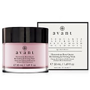 Pink glass jar with a black lid, labeled "AVANT Beauty Sleeping Mask," alongside a black and white box featuring product details and branding.
