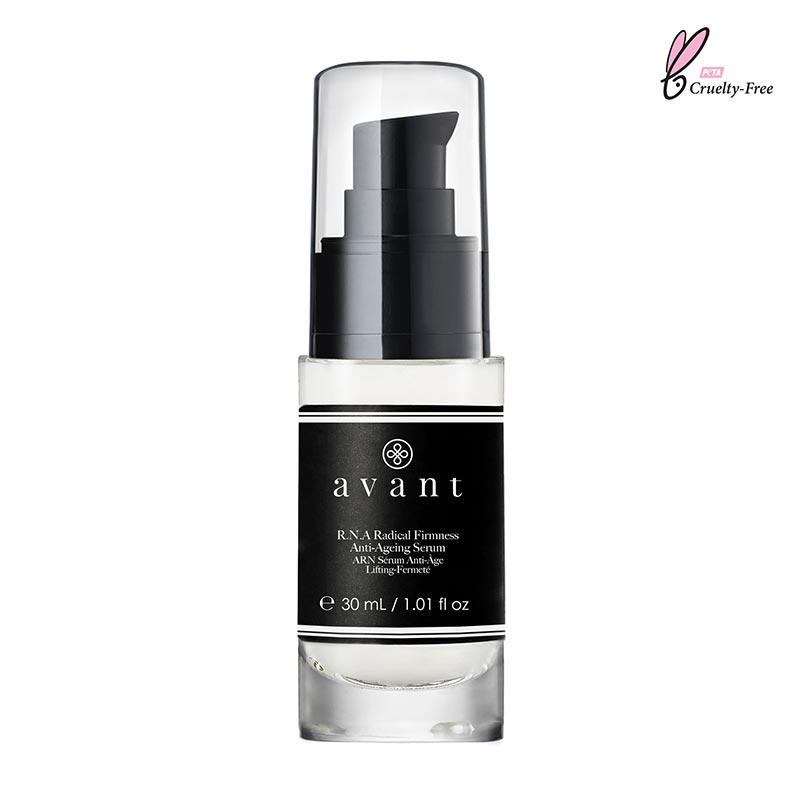 Clear glass bottle with a black pump dispenser, featuring a sleek design and black label with white text, containing 30ml of Avant R.N.a Firming Serum for smoother skin.
